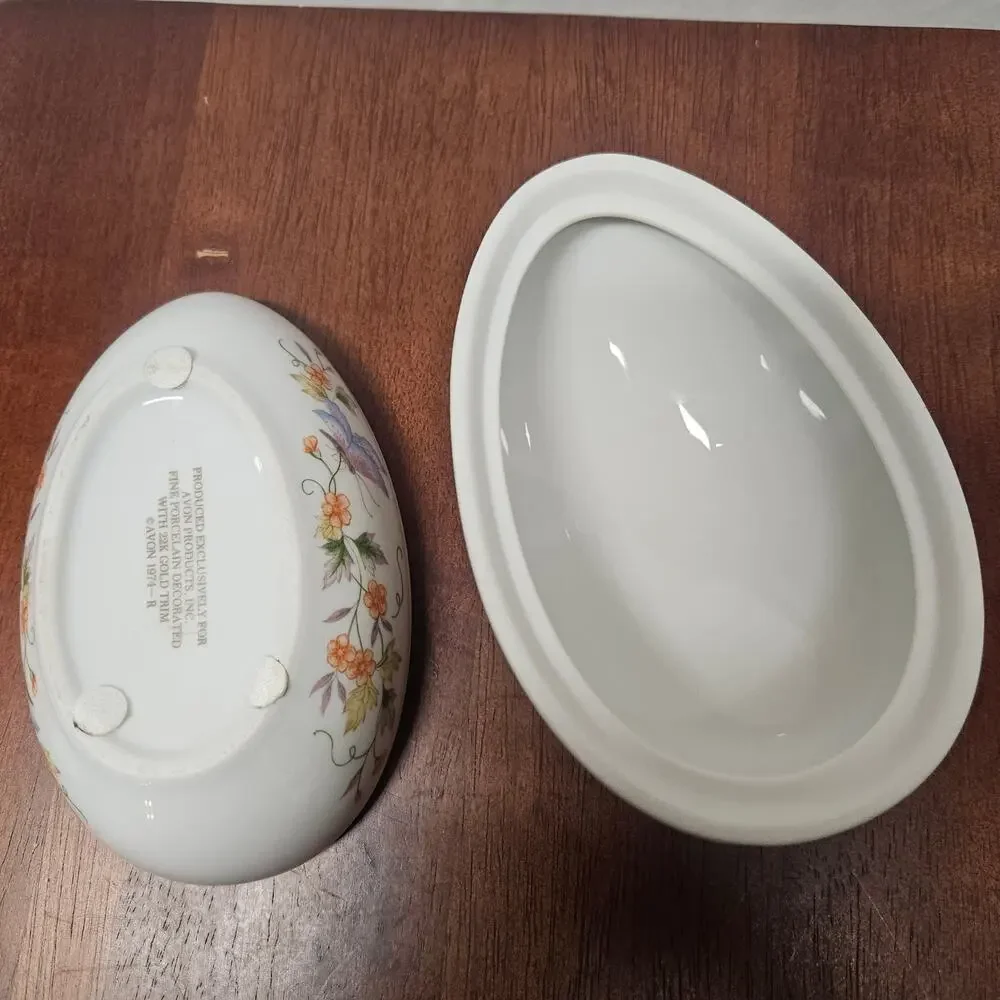 Vintage 1974 Avon Egg Shaped Butterfly Theme Trinket Dish w/ 22K Gold Trim